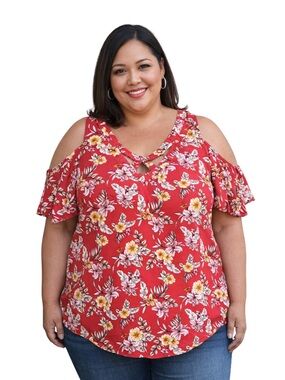 🚨Anthropology Flower And Feather Chic Cold Shoulder Top 2X P2P:25.5” L:27